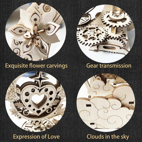 Close-up view of 3D Puzzle Kit For Adults: Mechanical Music Box Model Build showing detailed flower, gears, love heart, and cloud designs.