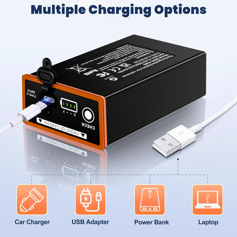 2 Pack 5000mAh Replacement Battery For Moultrie Edge Trail Cameras showing charging ports for versatility and compatibility.