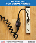Built Tough 16 Gauge Black Coiled Extension Cord 20 Feet 3 Prong With Waterproof On Off Switch For Yard Jobs And Holiday Lights.