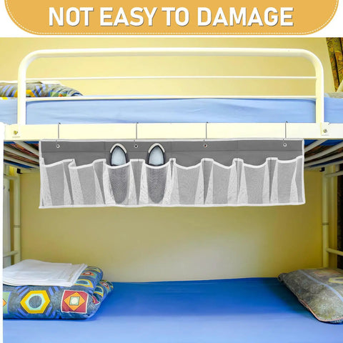 Compact Mesh Shoe Storage Hangs Beside Bed With 4 Hooks For RV Camper And Home To Stash Sneakers And Boots While Keeping Floors Tidy. Gray fabric hanging shoe organizer with mesh pockets.