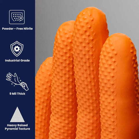 Close-up of orange ProWorks Catch Disposable Nitrile Gloves 9 Mil Heavy Duty Work Gloves With Raised Pyramid Grip And Textured Palm