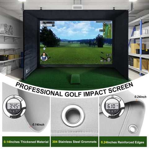 Gray Fireproof Golf Simulator Impact Screen With 3D Air Mesh For Indoor Outdoor Practice HD Golf Hitting Screen For Home Setup With Grommet Holes And Bungee Cords Low Light Reflection And Rich Color setup in room with golf course image.