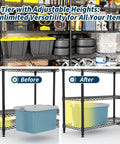 Heavy Duty 5 Tier Metal Storage Rack With Fully Adjustable Wire Shelves For Kitchen Garage Or Warehouse Uses Supports 1325 Pounds Total with storage bins and tools.
