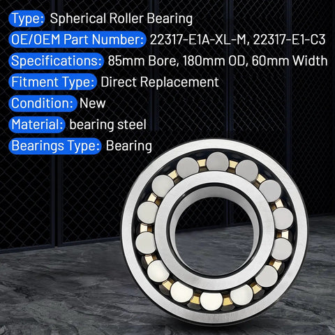 22317 E1 C3 Spherical Roller Bearing 85mm Bore 180mm OD 60mm Width bearing steel design for heavy load support and vibration resistance.