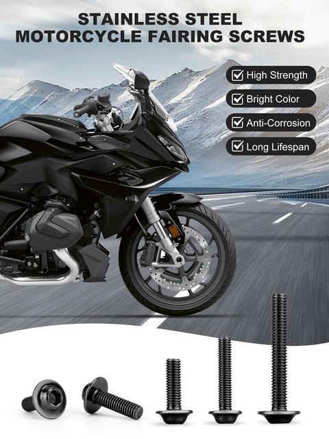 Pro Grade Motorcycle Fairing Bolt Kit Titanium Stainless Steel Universal Sportbike Fasteners M5 M6 Hardware Upgrade For Street Whips And Track Runs, showing various screws next to motorcycle.