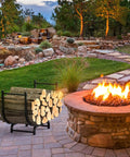 Curved 32-Inch Firewood Rack, Powder-Coated Rustproof Metal Log Holder for Fireplaces and Outdoor Use next to a lit fire pit in a garden setting.