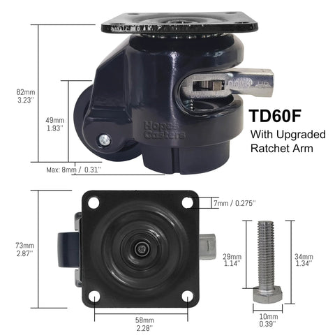 Self Leveling Swivel Caster With Ratchet Handle And Retractable Plate For Workbenches And Machines Heavy Duty Industrial Casters With Nylon Wheels And Leveling Feet For Stable Positioning Black TD60F 2200lbs.