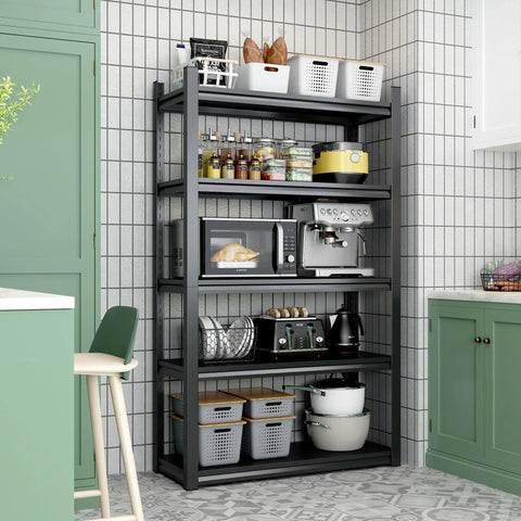 Heavy Duty 72 Inch 5 Tier Metal Storage Shelves Built Like A Tank Adjustable Garage Shelving Setup For Heavy Lifting And Big Gear Industrial Utility Rack Black Gray used as kitchen storage unit.