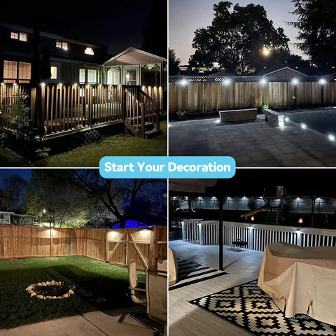 Solar Fence Lights 8 Pack Outdoor Waterproof Wall Lights With Two Color Modes illuminating fences and patios at night