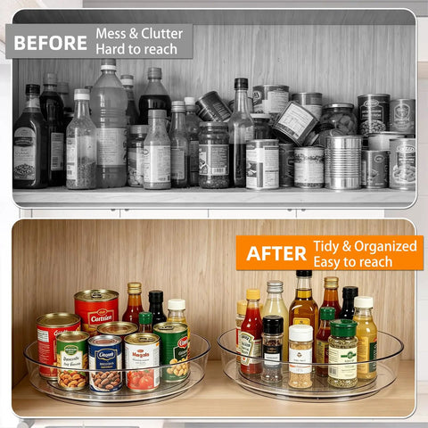 Before and after of pantry organization using Easy Peasy 10 Inch Round Lazy Susan Turntable Organizer, 3 Pack Sleek Spinning.