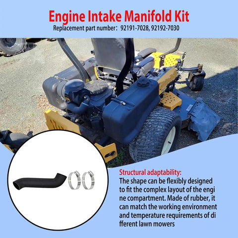 Ultimate Drop In Engine Intake Manifold Kit bolts right on to mower with rubber pipe and clamps for clean airflow.