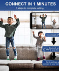 Children playing on a couch with app setup instructions for Three Pack Mini Security Cameras With 1080P HD WiFi For Indoor Outdoor Use 150 Degree Wide Angle Great For Baby Pet Nanny Monitoring Remote Viewing On iOS And Android App Tiny Cam Setup For Quick Use.