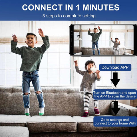 Children playing on a couch with app setup instructions for Three Pack Mini Security Cameras With 1080P HD WiFi For Indoor Outdoor Use 150 Degree Wide Angle Great For Baby Pet Nanny Monitoring Remote Viewing On iOS And Android App Tiny Cam Setup For Quick Use.