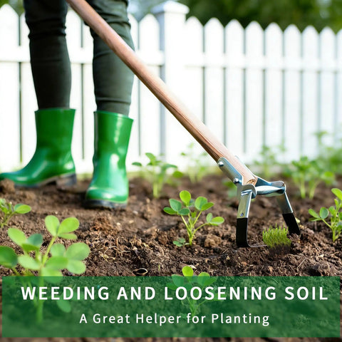 Stirrup Hoe Garden Tool With Adjustable Loop Heads For Easy Peasy Weeding in use, no bend back friendly design near white fence, green boots.