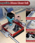 Heavy Duty Linear Rail Router Sled Slide Connector With Upsized Dust Shroud, shown with router on 20mm rail for slab flattening.