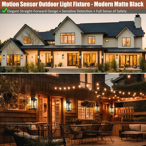 Hella Bright Motion Sensor Porch Light With Slick Dusk To Dawn Detection on modern house, matte black fixtures illuminating porch.