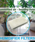 HDC411 Wick Filter Replacement 4 Pack for Essick Air humidifiers with room and plant background, focus on filter details.
