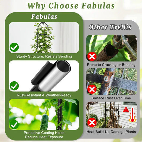 Comparison chart for Obelisk Garden Trellis For Climbing Plants 6 Ft Rustproof Plastic Coated Metal Vine Support Cage For Pots No Fuss Ideal For Morning Glory Clematis Rose Indoors Or Outdoors Weatherproof UV Resistant Plant Support showing advantages over other trellises.