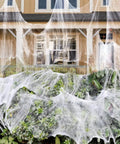 1000 Square Feet Spider Web Halloween Decor with 30 Fake Spiders White Cobweb Mesh creates realistic texture on outdoor plants.