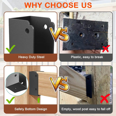 Comparison of Must Have Heavy Duty Steel Deck Railing Bracket Kit with plastic brackets and empty wood post brackets.