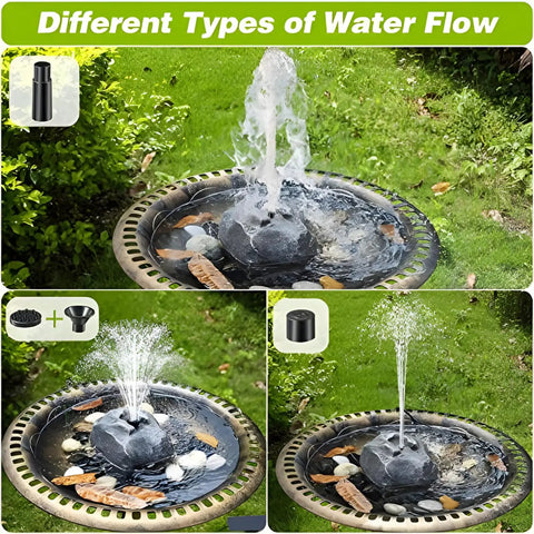 Eight Nozzles Solar Water Fountain Kit with Granite Rock Look in bird bath showing different water flows for backyard garden.