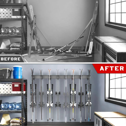 Before and after comparison of Modern Top Shelf Heavy Duty Wall Mount Ski Rack Solid Garage Game Changer storing 16 ski pairs.