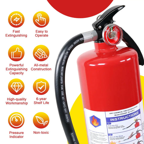 Professional Grade ABC Dry Chemical Fire Extinguisher With Wall Mount 2A 10B C Rating shown with hose and features.