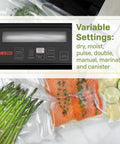 Deluxe 130 Watt Vacuum Sealer with Double Pump dry, moist, and double seal modes shown with vacuum-sealed salmon and asparagus