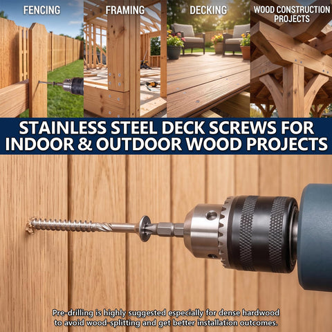 Top Shelf 10X2 Inch Stainless Steel Deck Screws 70 Piece Bucket Rust Proof Wood Fasteners With Sure Grip T25 Star Bits used in outdoor wood projects.