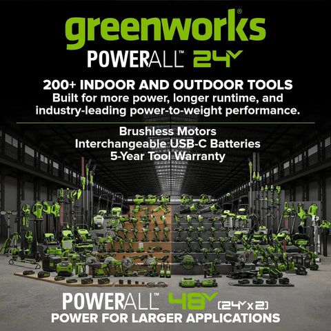 Greenworks PowerAll 24V collection showcasing various indoor and outdoor tools with brushless motors and USB-C batteries.