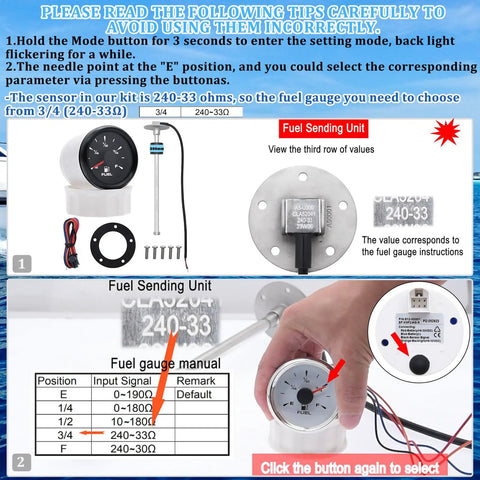 Fuel Sending Unit with gauge, 240-33 ohm output, used for trucks and boats, 2 inch dial, shown with installation components.