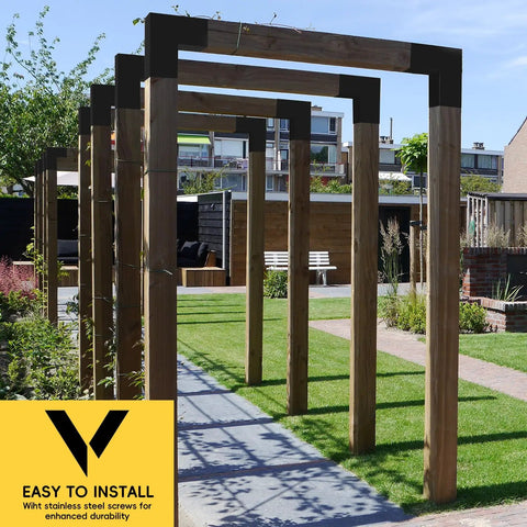L Shaped Pergola Brackets 2 Pack For 4x4 Wood Beams 3.5x3.5 Actual Size, 2 Way Corner Brackets Indoor Outdoor Gazebo Pavilion Porch Deck Log Cabin, Heavy Duty Steel, Matte Black Powder Coated, Weather Resistant