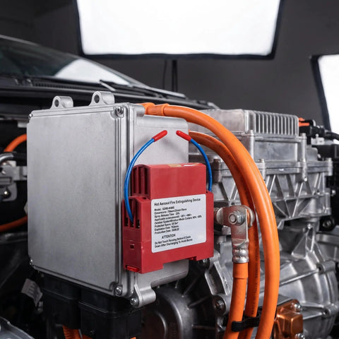 Badass Automatic Fire Extinguisher Stickers For Engine Bay, Rock Solid Aerosol Fire Suppressant installed on engine.