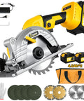 Kickass Heavy Duty Five Inch 21V Cordless Circular Saw With Two Batteries And Eight Sharp Blades Plus Sturdy Carry Bag showing components including saw, batteries, and blades.