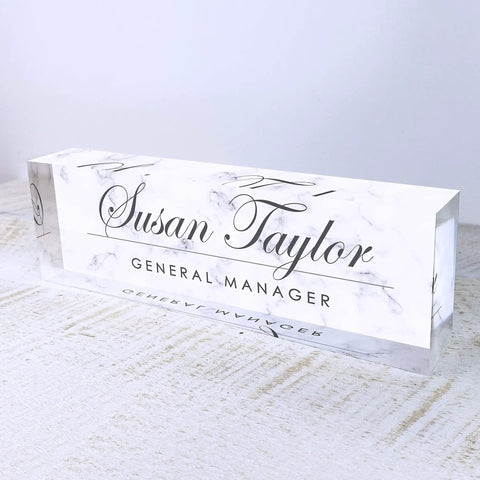 Personalized Desk Name Plate With White Marble Look On Clear Acrylic, Custom Name And Title, Engraved Office Sign for General Manager
