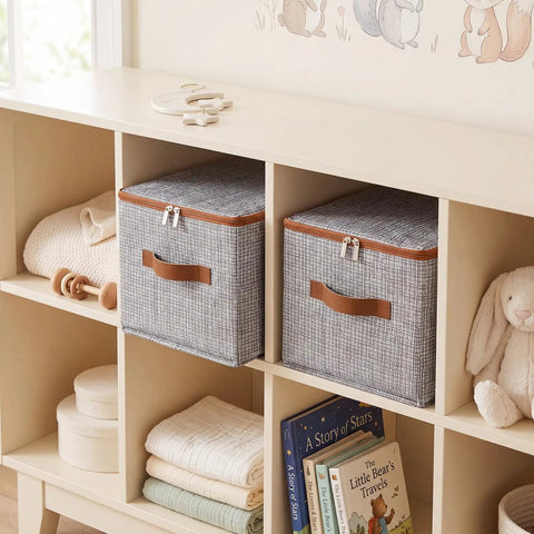 Top Shelf Washable Fabric Storage Bins With Zippered Lids And Sturdy Faux Handles Houndstooth Pattern on a shelf.