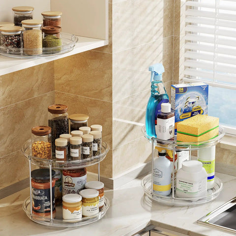 Smooth Spinning Two Tier Lazy Susan Turntable Organizer For Kitchen Pantry Fridge And Bathroom Vanity Spice Rack Storage Total No Fuss Slick Compact 9.25 Inch Dual Pack System with jars and cleaning supplies in use