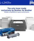 Brother HL-L2405w laser printer with genuine Brother toner and 830XL cartridge displayed