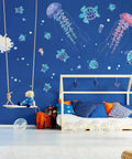 Three Sheets Ocean Wall Decals Set With Jellyfish And Sea Turtle Stickers Plus Ocean Seaweed Vinyl Wall Decor in kids room