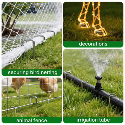 Heavy Duty Galvanized Landscape Staples 6 Inch 500 Pack U Shaped Sod Pins securing bird netting, animal fence, and irrigation tube