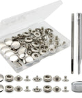 Premium Brass Metal Snap Buttons Fastener Kit With Heavy Duty Tools Silver 15mm in a storage case with tools for clothing repairs.