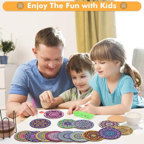 Family enjoying Diamond Art Coasters Kit With Holder For Grownups And Beginners, 20 Mandala Style Coasters, 12 Cork Bases.