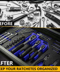Ratchet Organizer Set For One Quarter Inch, Three Eighths Inch, And One Half Inch Ratchets With Low Profile Magnetic Drawer Mounts Modular Space Saving Drawer Organization In Blue For Toolboxes And Busy Shops in use in toolbox before and after