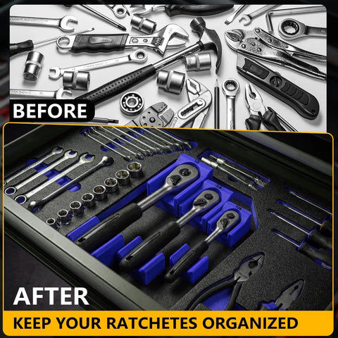 Ratchet Organizer Set For One Quarter Inch, Three Eighths Inch, And One Half Inch Ratchets With Low Profile Magnetic Drawer Mounts Modular Space Saving Drawer Organization In Blue For Toolboxes And Busy Shops in use in toolbox before and after