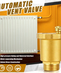 Value Packed Four Pack Brass Automatic Float Valve Three Quarter Inch Male NPT Thread Air Release Bleeder Vent Valve Diaphragm Pipe Fitting Adapter For Hot Water Radiators Boilers HVAC Exhaust Systems next to a white radiator.