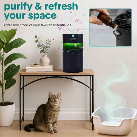 Compact Portable Air Purifier For Home Offices And Bedrooms, Lowkey Quiet HEPA Filter Cleaner with essential oil application.