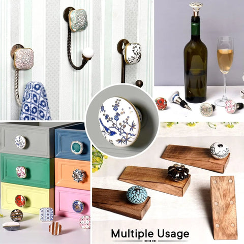 Level Up Your Digs With This Solid Green Ceramic Knob Set Featuring Smooth Rounded Corners Kid Safe Design Easy Mounting Vintage Boho Vibe Perfect For Dressers Cabinets Or Kitchen Cupboards Bulk Pack Ready, shown on furniture and wine bottle.