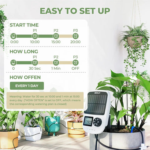 Illustration showing Solar Powered Drip Irrigation System With Automatic Timer For Pots And Indoor Plants setup diagram.