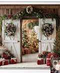 Slick White Barn Door Photography Backdrop For Studio Sessions And Indoor Portraits Seamless Microfiber Photo Background Wall Cover With Light Blocking Build And Zero Sweat Setup For Clean Shots featuring festive decor.