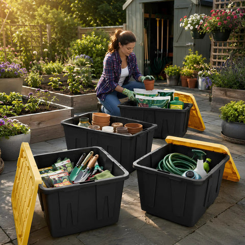 Tough As Nails Heavy Duty Storage Totes With Lids 27 Gallon stackable bins in garden organizing tools and plants.